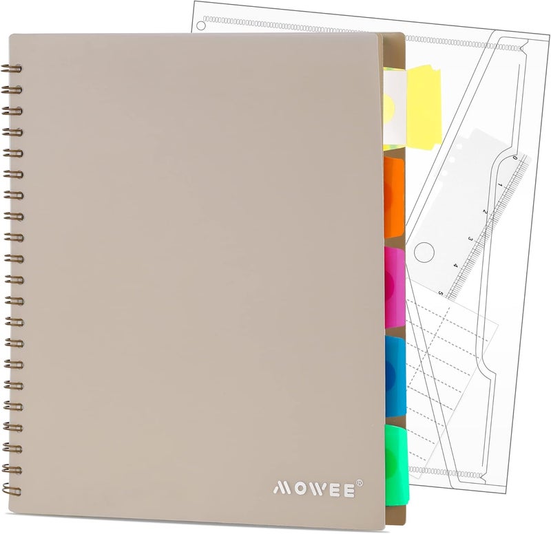MOWEE 5 Subject Notebook - Spiral Notebook, College Ruled Notebook With Dividers Pocket, Tabs, 11" Ruler, 200 Pages, for Writing Journal, Home & Office, School Supplies, 8.5''x11'' CoCo Brown - Image 1